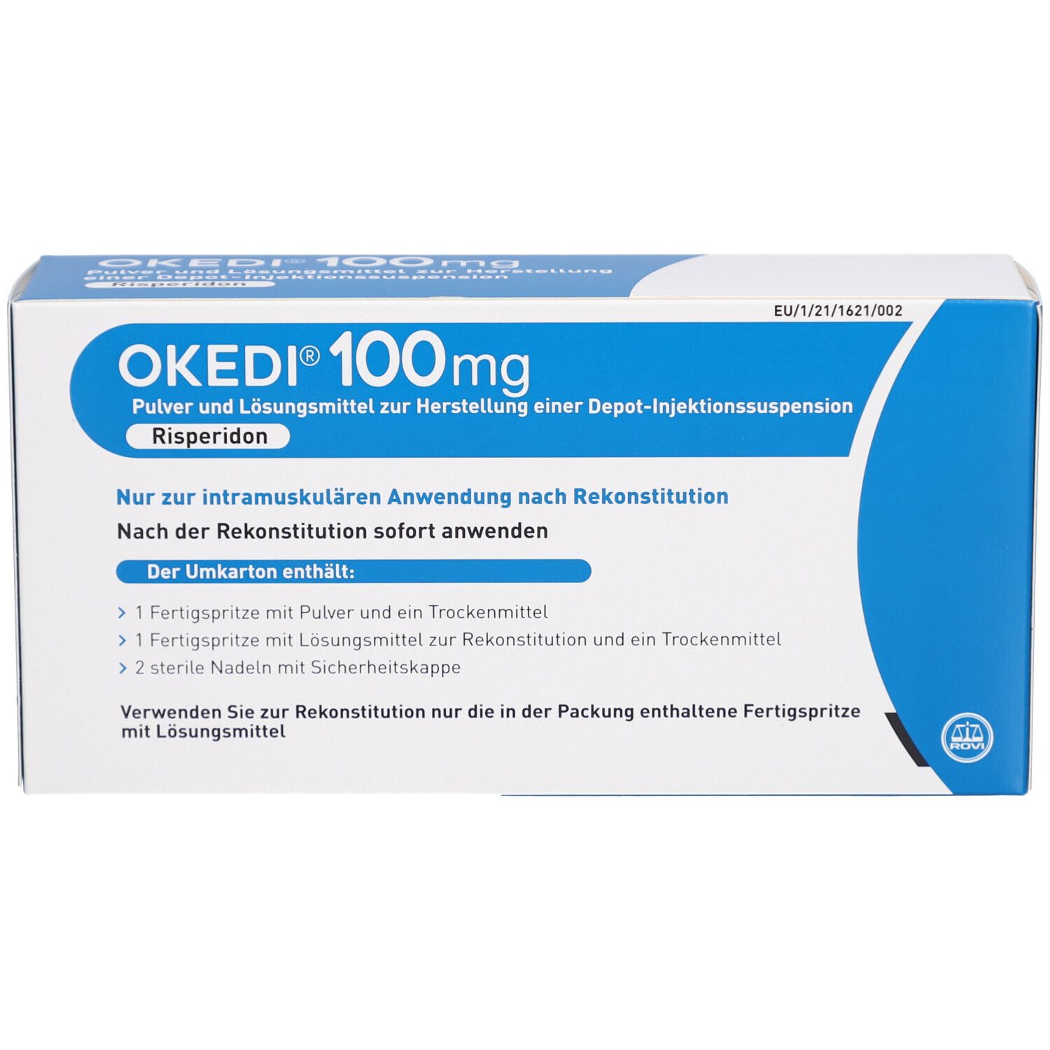 Blaue und weiße Faltschachtel mit OKEDI 100mg Aufschrift. Enthält Informationen zur Zusammensetzung und Anwendung.