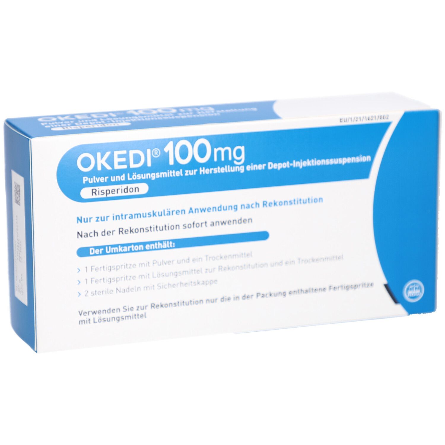 Blaue und weiße Faltschachtel mit OKEDI 100mg Aufschrift. Enthält Informationen zur Zusammensetzung und Anwendung.