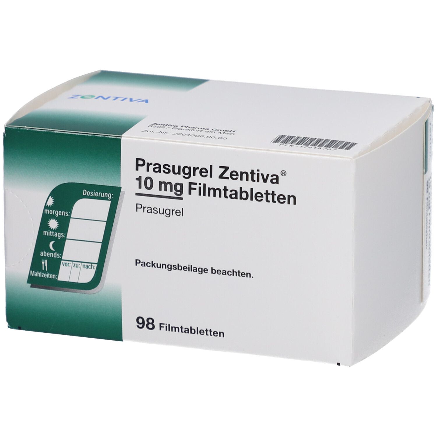Schachtel mit Prasugrel Zentiva 10 mg Filmtabletten. Aufschrift: 98 Filmtabletten. Grüne und weiße Verpackung.