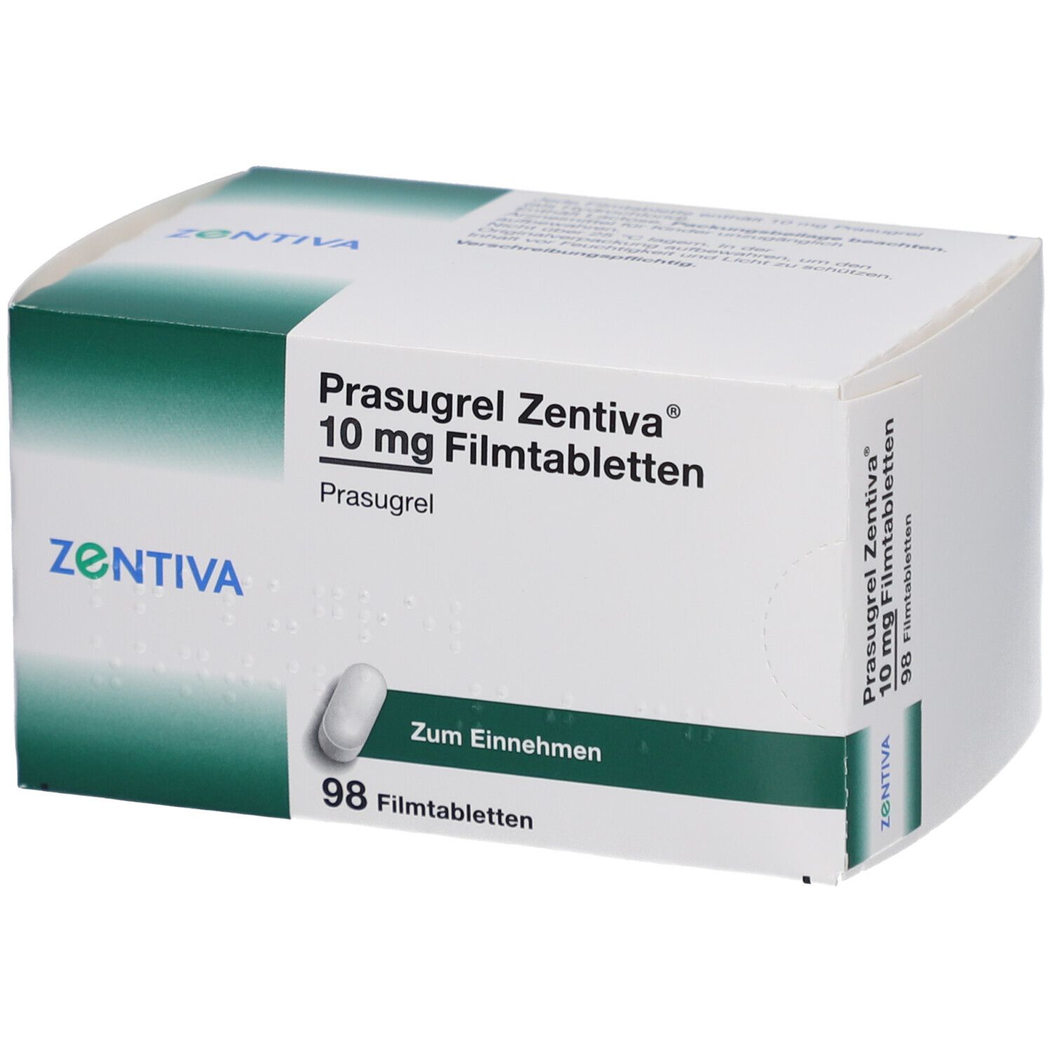 Schachtel mit Prasugrel Zentiva 10 mg Filmtabletten und einer Tablette. Aufschrift: 98 Filmtabletten. Grüne und weiße Verpackung.