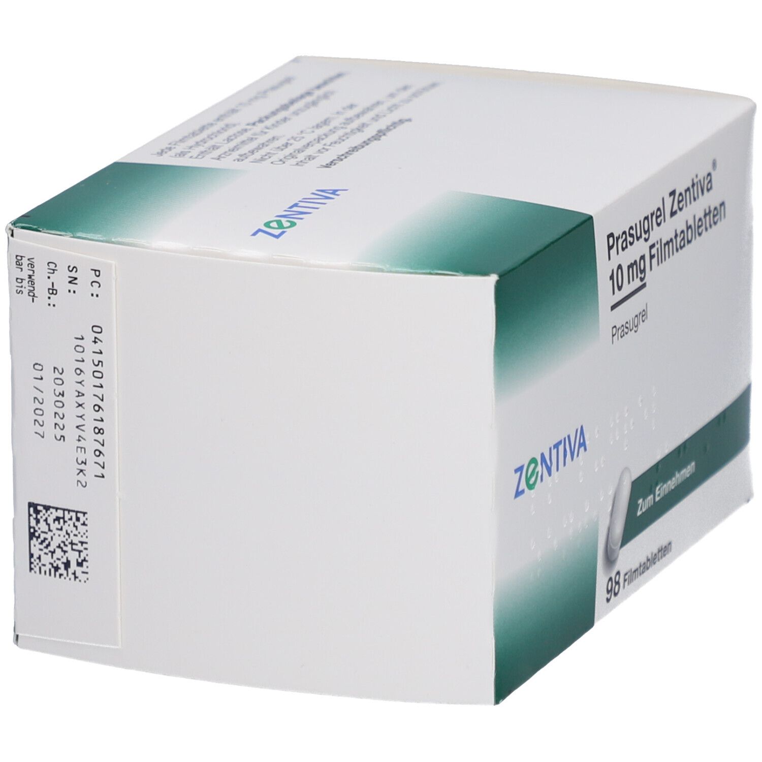 Seitenansicht der Schachtel mit Prasugrel Zentiva 10 mg Filmtabletten. Barcode und Chargennummer sichtbar. Grüne und weiße Verpackung.