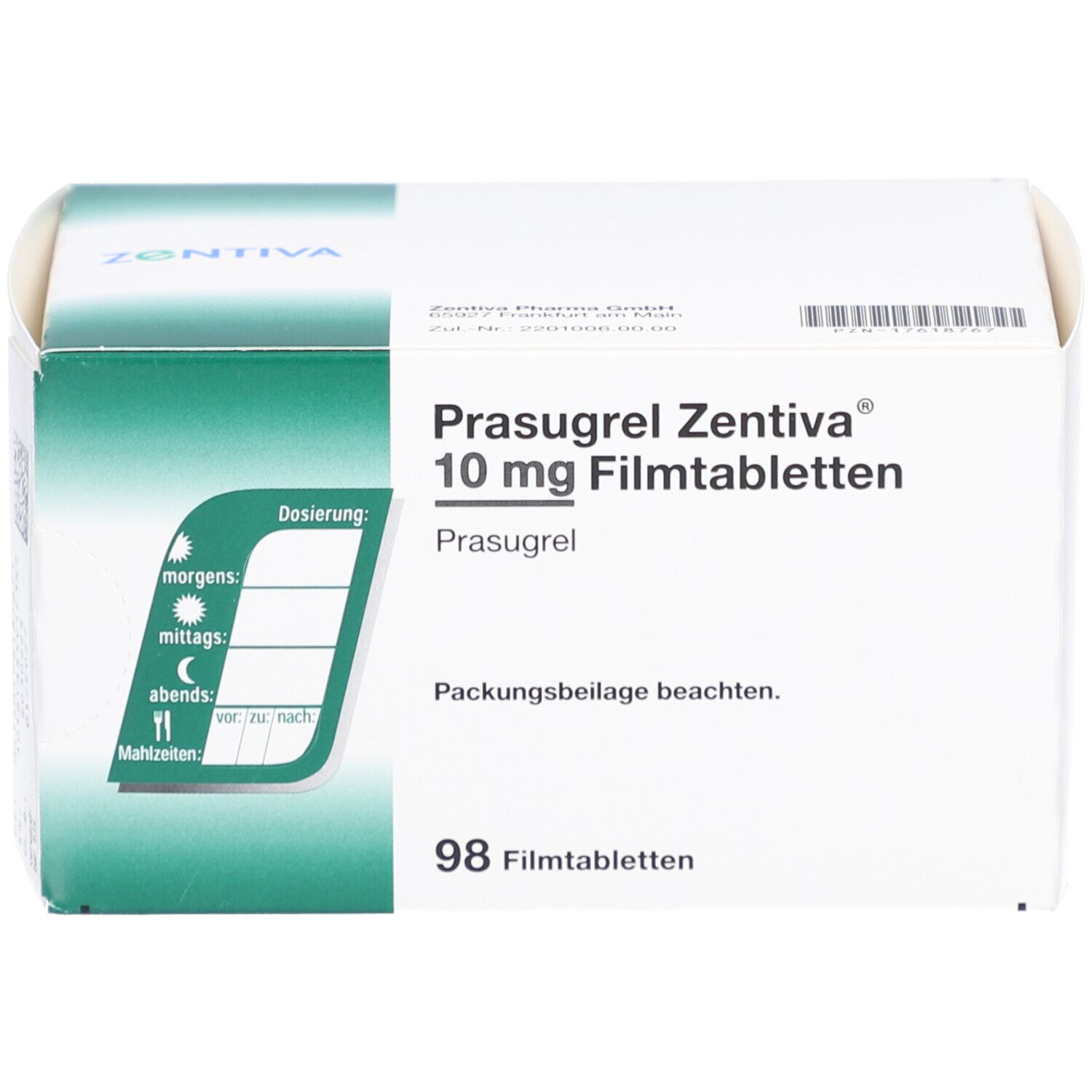 Schachtel mit Prasugrel Zentiva 10 mg Filmtabletten. Aufschrift: 98 Filmtabletten. Grüne und weiße Verpackung. Dosierungshinweis.
