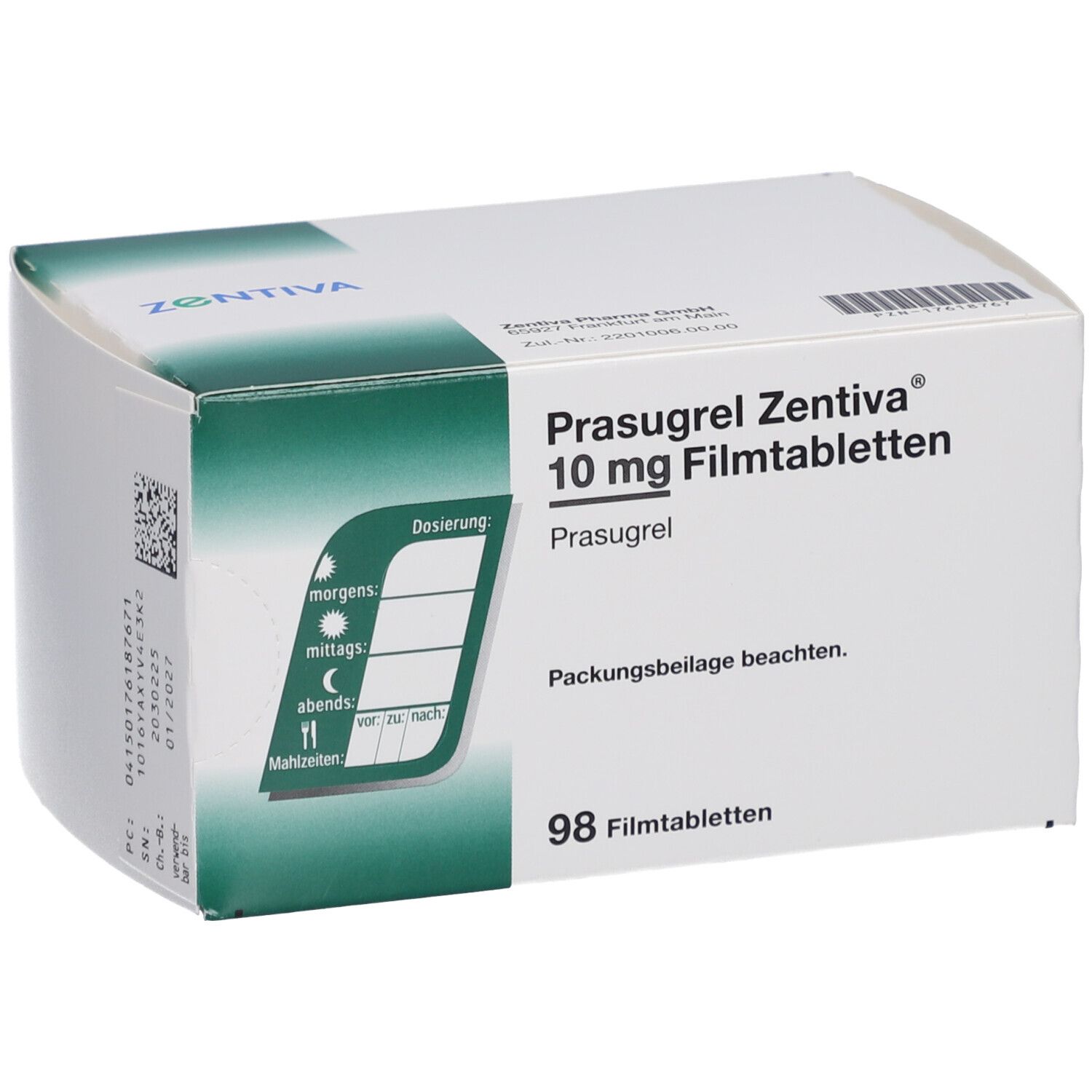 Schachtel mit Prasugrel Zentiva 10 mg Filmtabletten. Aufschrift: 98 Filmtabletten. Grüne und weiße Verpackung. Dosierungshinweis.