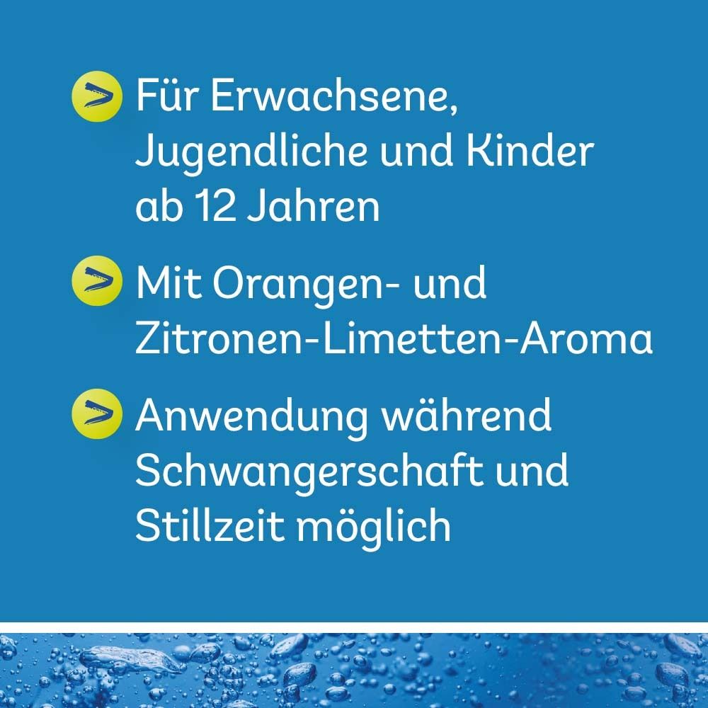 Text auf blauem Hintergrund: Für Erwachsene, Jugendliche und Kinder ab 12 Jahren. Mit Orangen- und Zitronen-Limetten-Aroma.