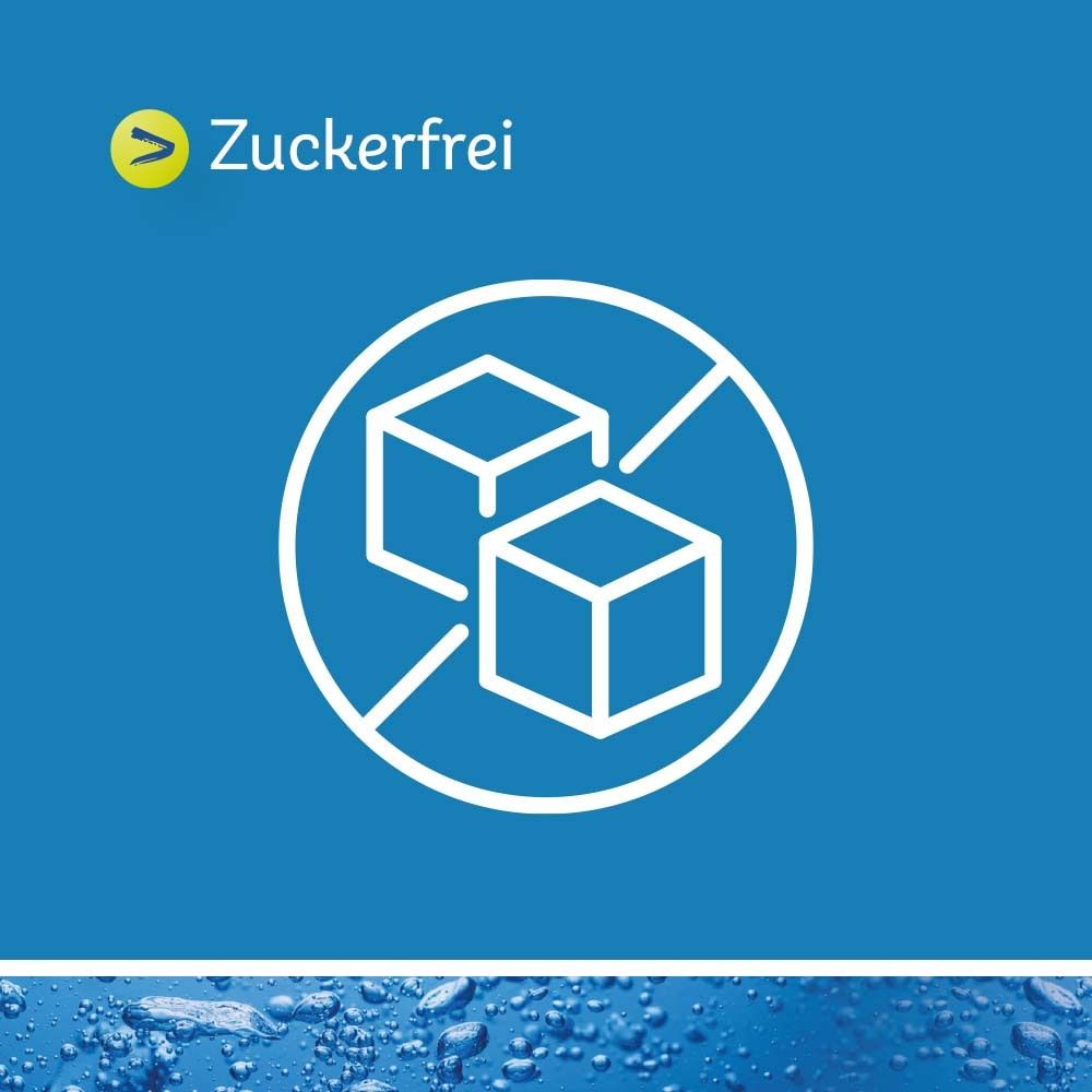 Symbol: Zuckerfrei. Ein Kreis mit einem durchgestrichenen Zuckerwürfel-Symbol auf blauem Hintergrund.