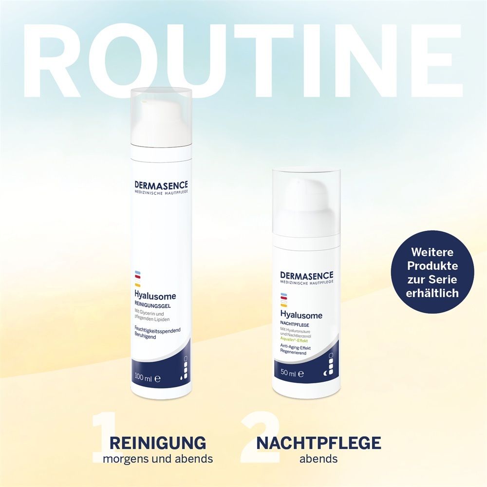 DERMASENCE Hyalosome Feuchtigkeitsgel und Anti-Aging Cream. Routine: Reinigung morgens und abends, Pflege abends.