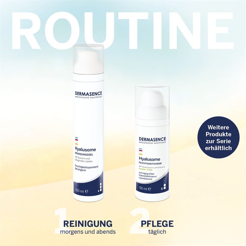 Zwei weiße Pumpflaschen mit Dermasence Hyalusome Produkten: 100ml Reinigungsgel und 50ml Anti-Aging-Effekt.