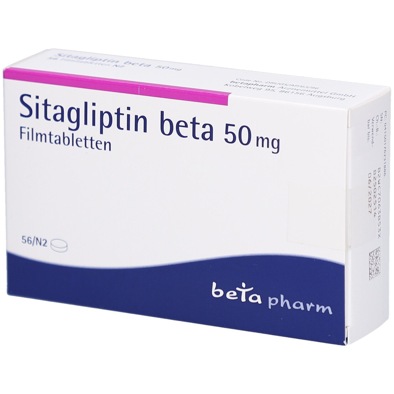 Schachtel mit SITAGLIPTIN beta 50 mg Filmtabletten. Weiß mit rosa und blau. Schriftzug: beta pharm.