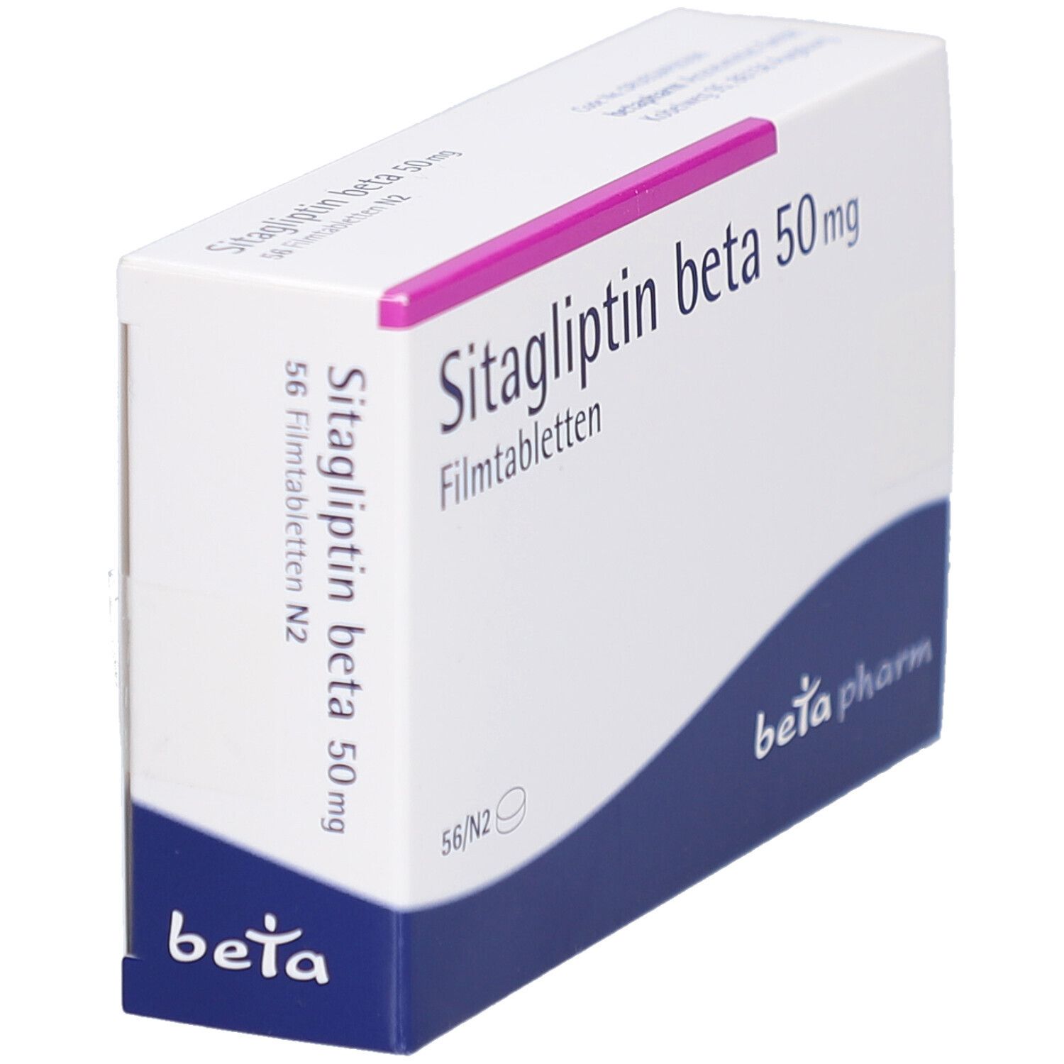 Schachtel SITAGLIPTIN beta 50 mg Filmtabletten. Weiß mit rosa und blau. Schriftzug: beta pharm.