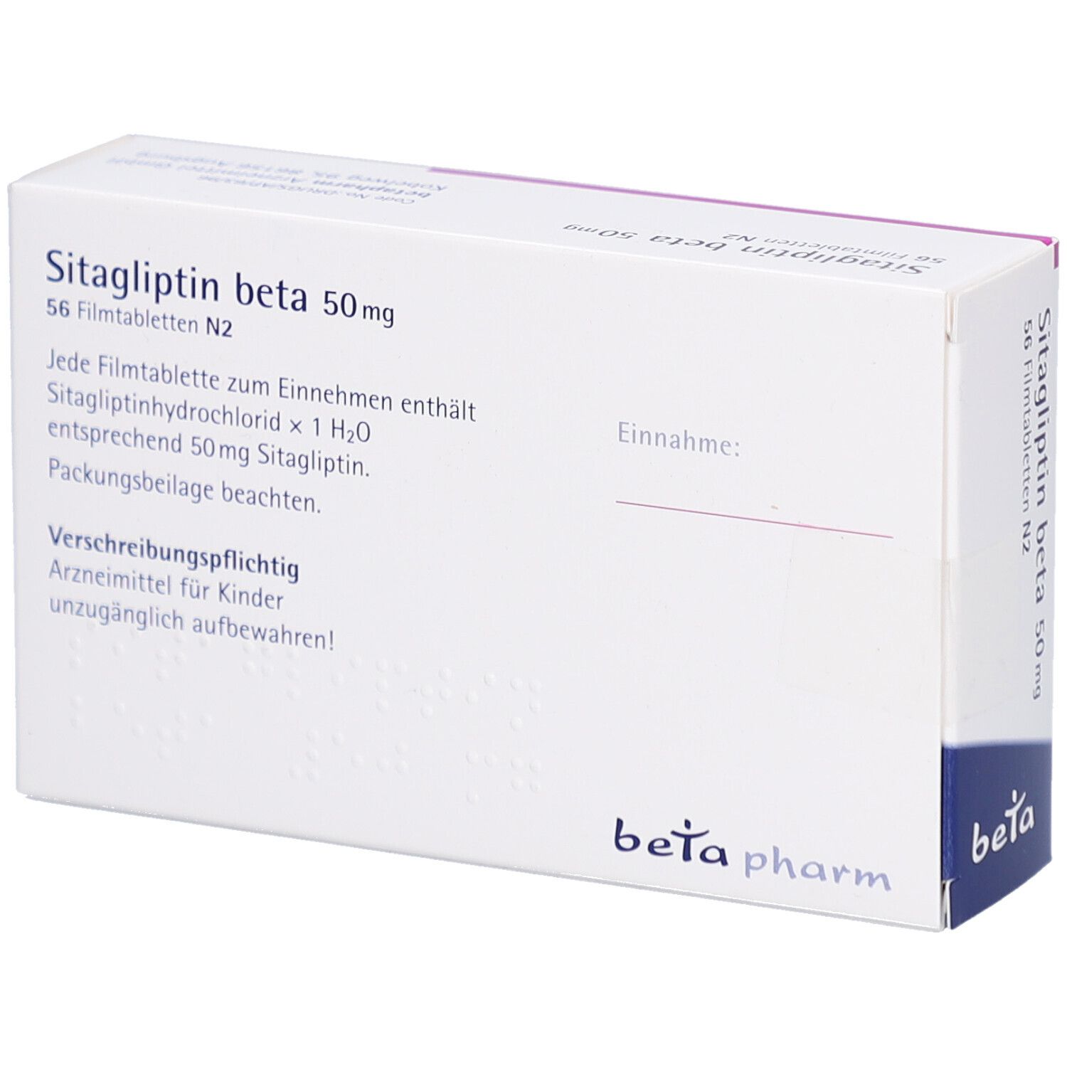 Schachtel SITAGLIPTIN beta 50 mg Filmtabletten. Text auf Deutsch. Schriftzug: beta pharm.