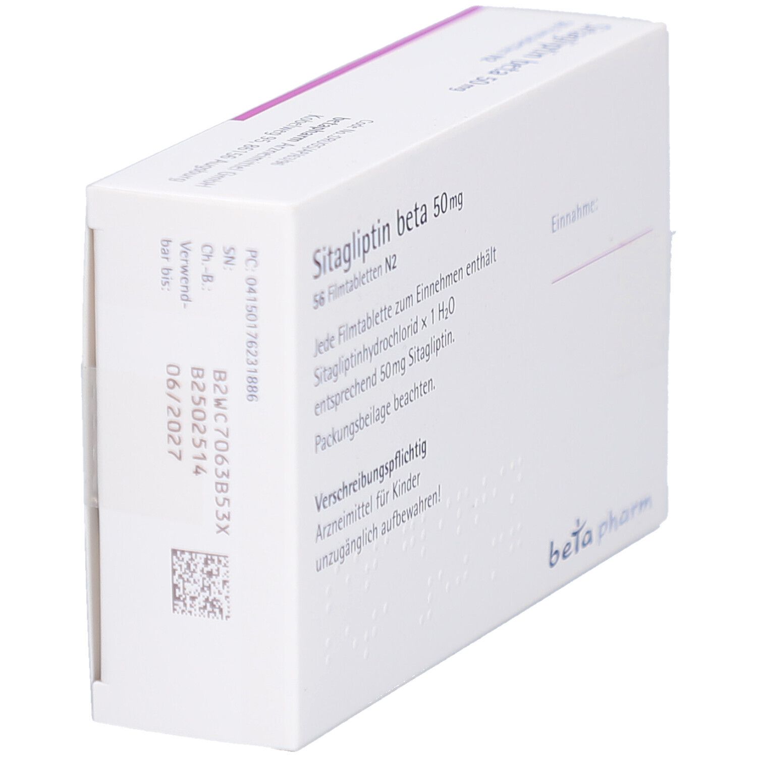 Schachtel SITAGLIPTIN beta 50 mg Filmtabletten. Text auf Deutsch. Schriftzug: beta pharm.