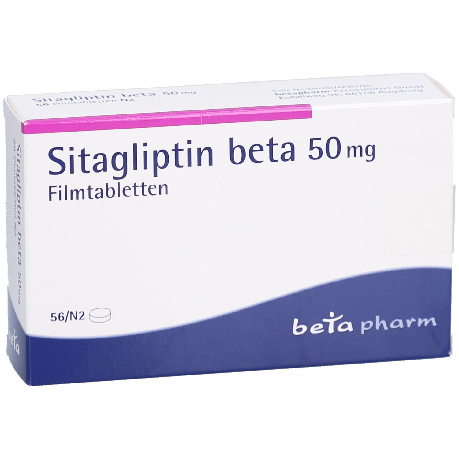 Schachtel SITAGLIPTIN beta 50 mg Filmtabletten. Weiß mit rosa und blau. Schriftzug: beta pharm.