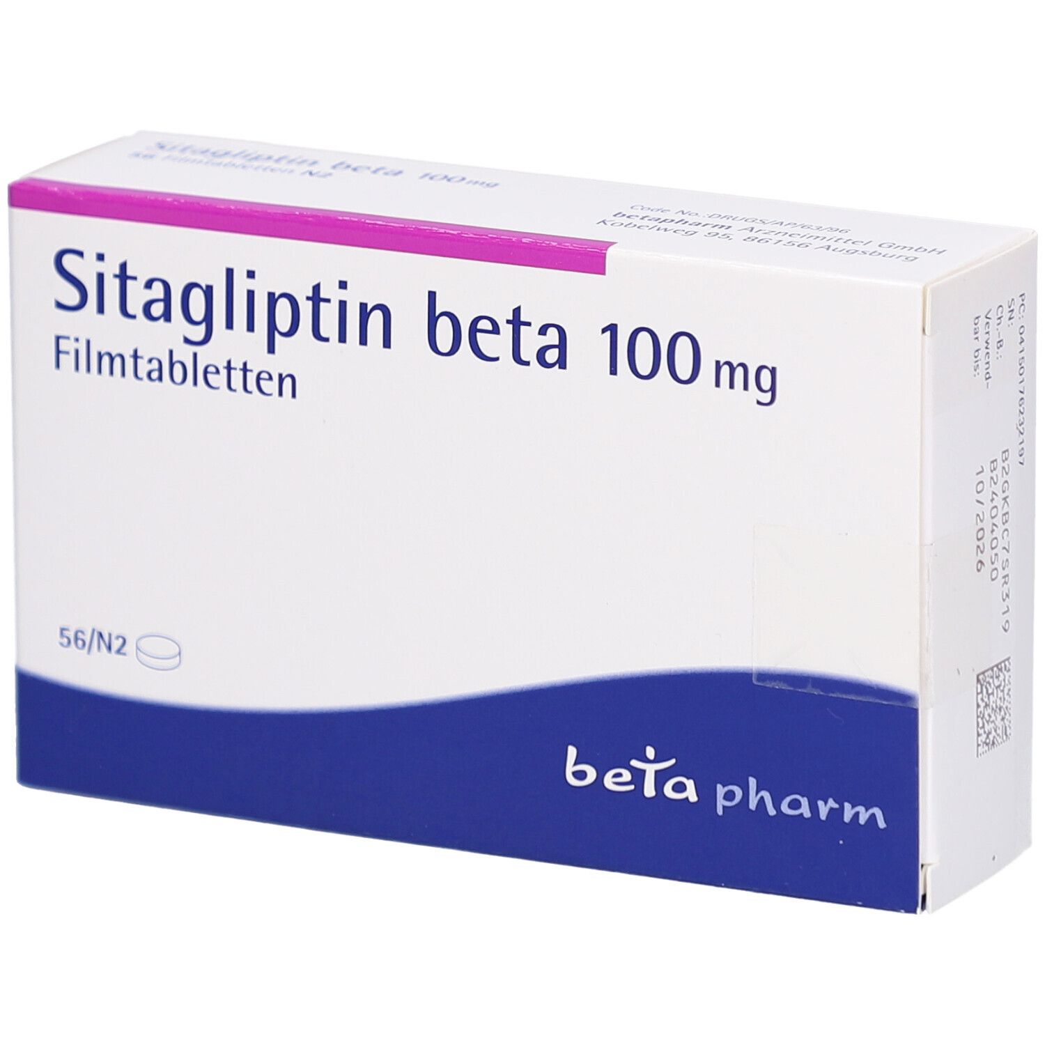 Schachtel mit "Sitagliptin beta 100 mg Filmtabletten". Weiß, mit lila und blauen Akzenten. "beta pharm" Logo.