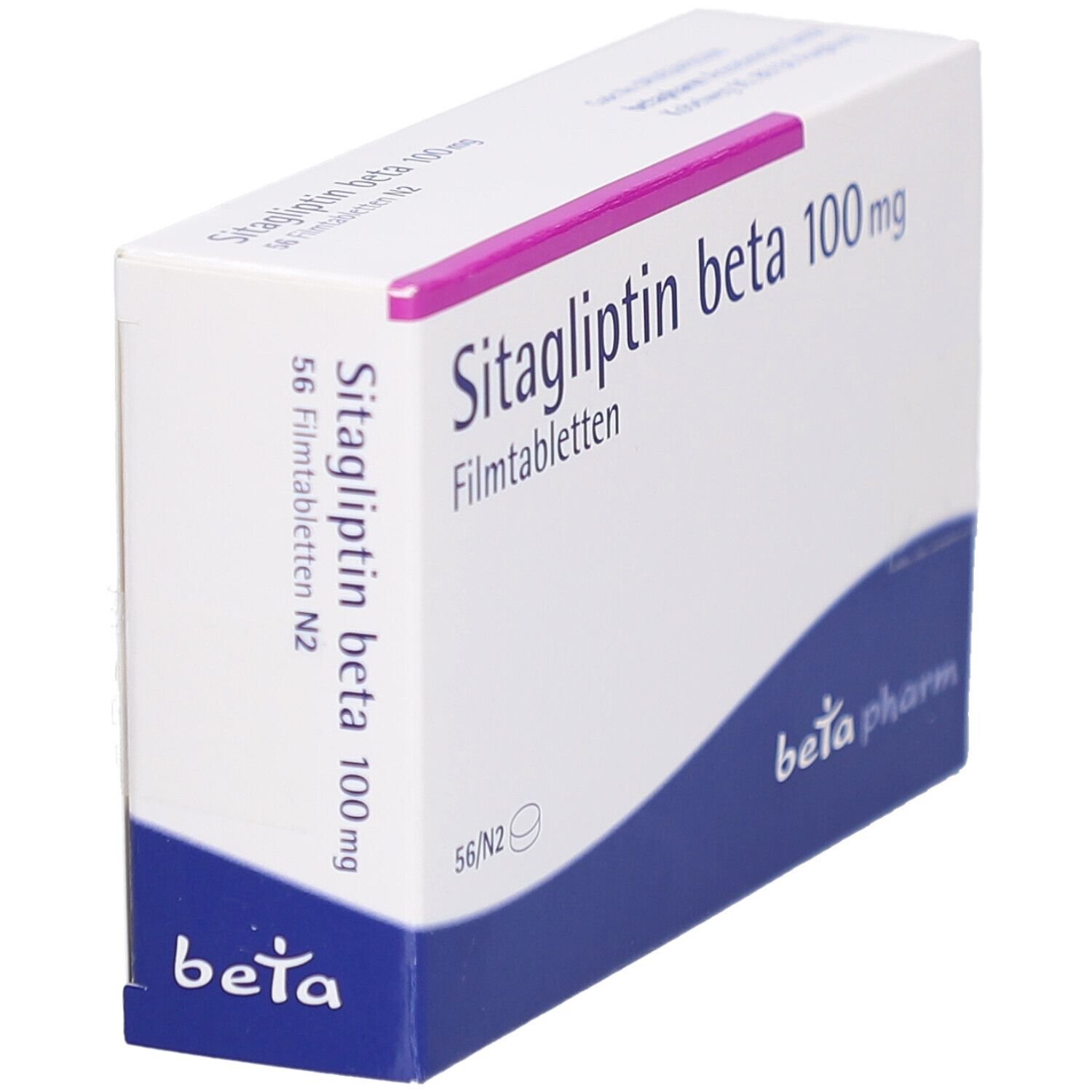 Schachtel "Sitagliptin beta 100 mg Filmtabletten". Weiß, mit lila Streifen. "beta pharm" Logo. 56 Filmtabletten.