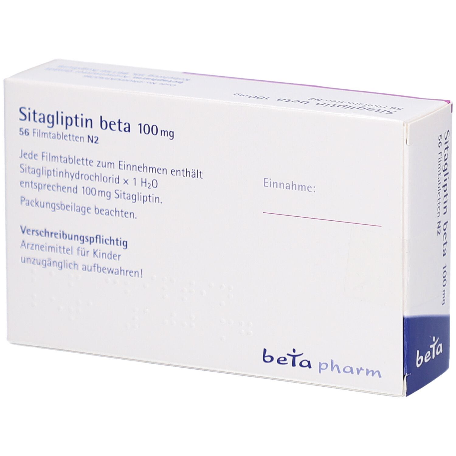 Rückseite der Schachtel "Sitagliptin beta 100 mg Filmtabletten". Text in Deutsch. "beta pharm" Logo. 56 Filmtabletten.