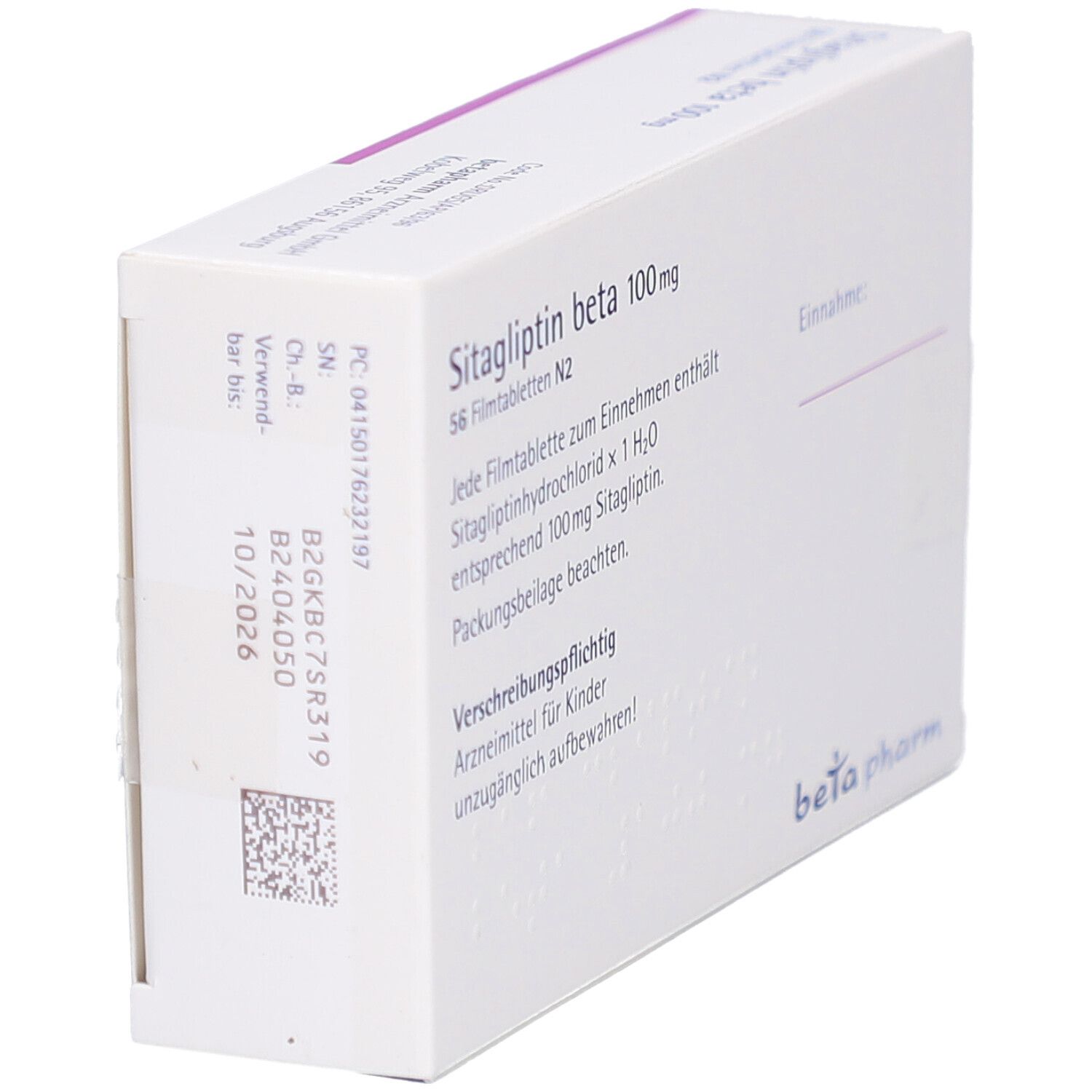 Schachtel "Sitagliptin beta 100 mg Filmtabletten". Rückseite mit Text und Barcode. "beta pharm" Logo. Haltbarkeit 10/2026.