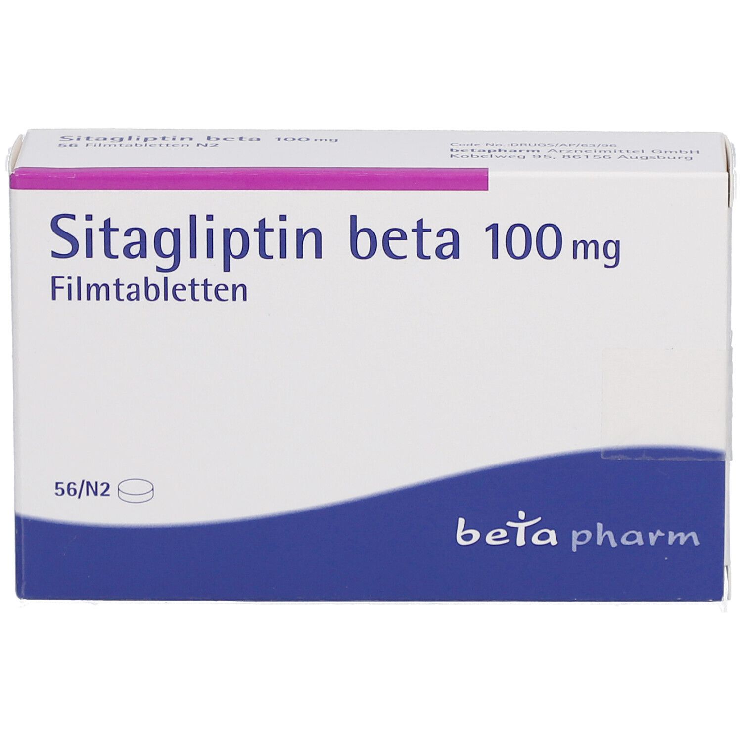 Schachtel "Sitagliptin beta 100 mg Filmtabletten". Weiß mit blauem Wellenmuster. "beta pharm" Logo. 56 Filmtabletten.