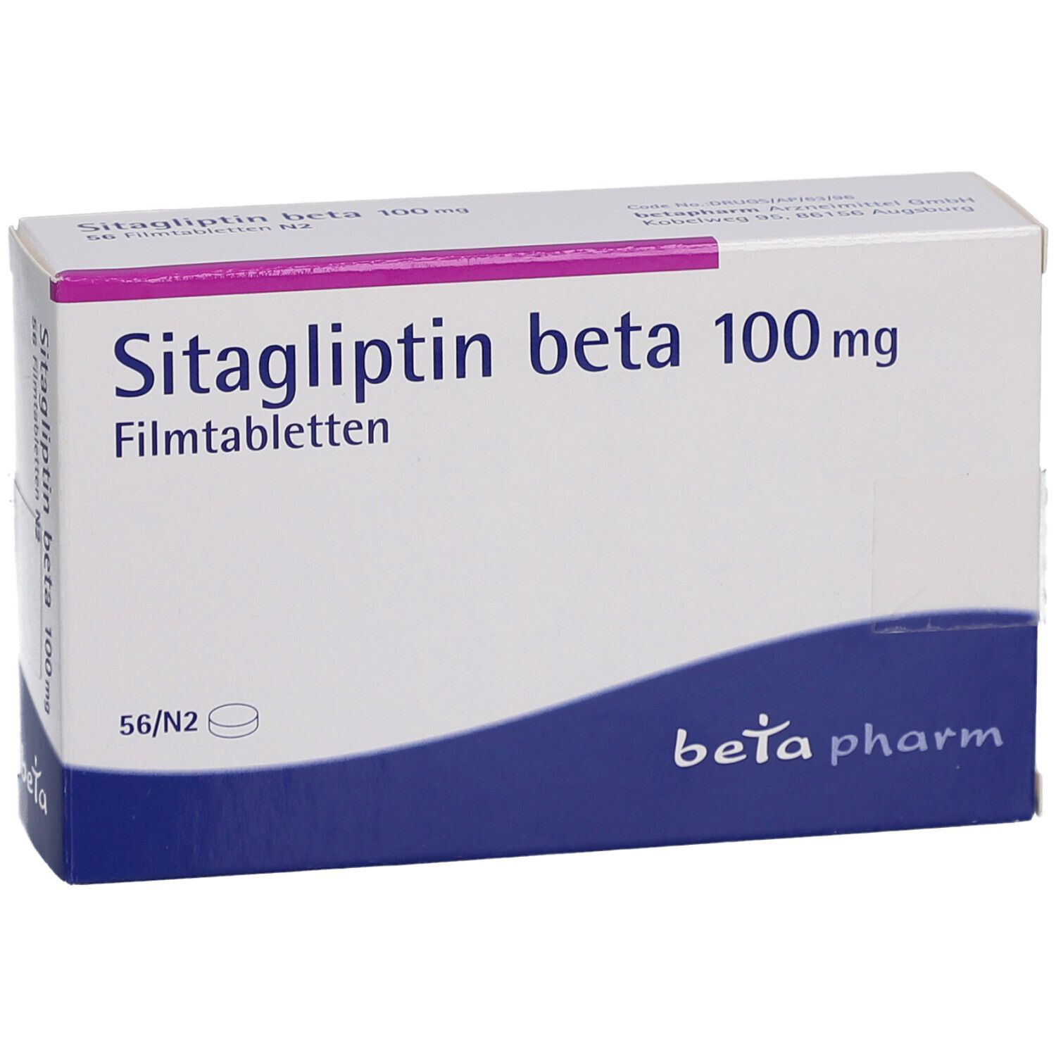 Schachtel "Sitagliptin beta 100 mg Filmtabletten". Weiß mit blauem Wellenmuster. "beta pharm" Logo. 56 Filmtabletten.