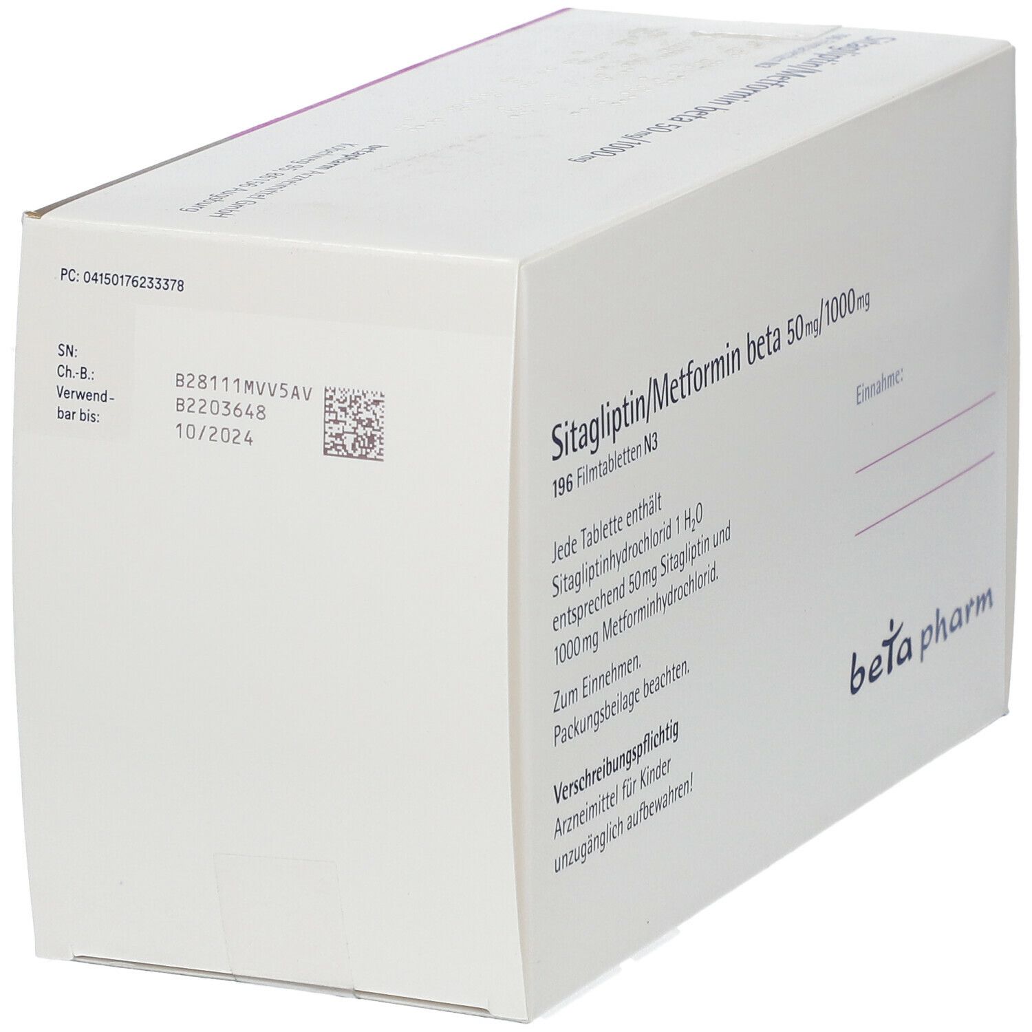 SITAGLIPTIN/Metformin Beta 50 Mg/1000 Mg Filmtabl. 196 St Mit Dem E ...