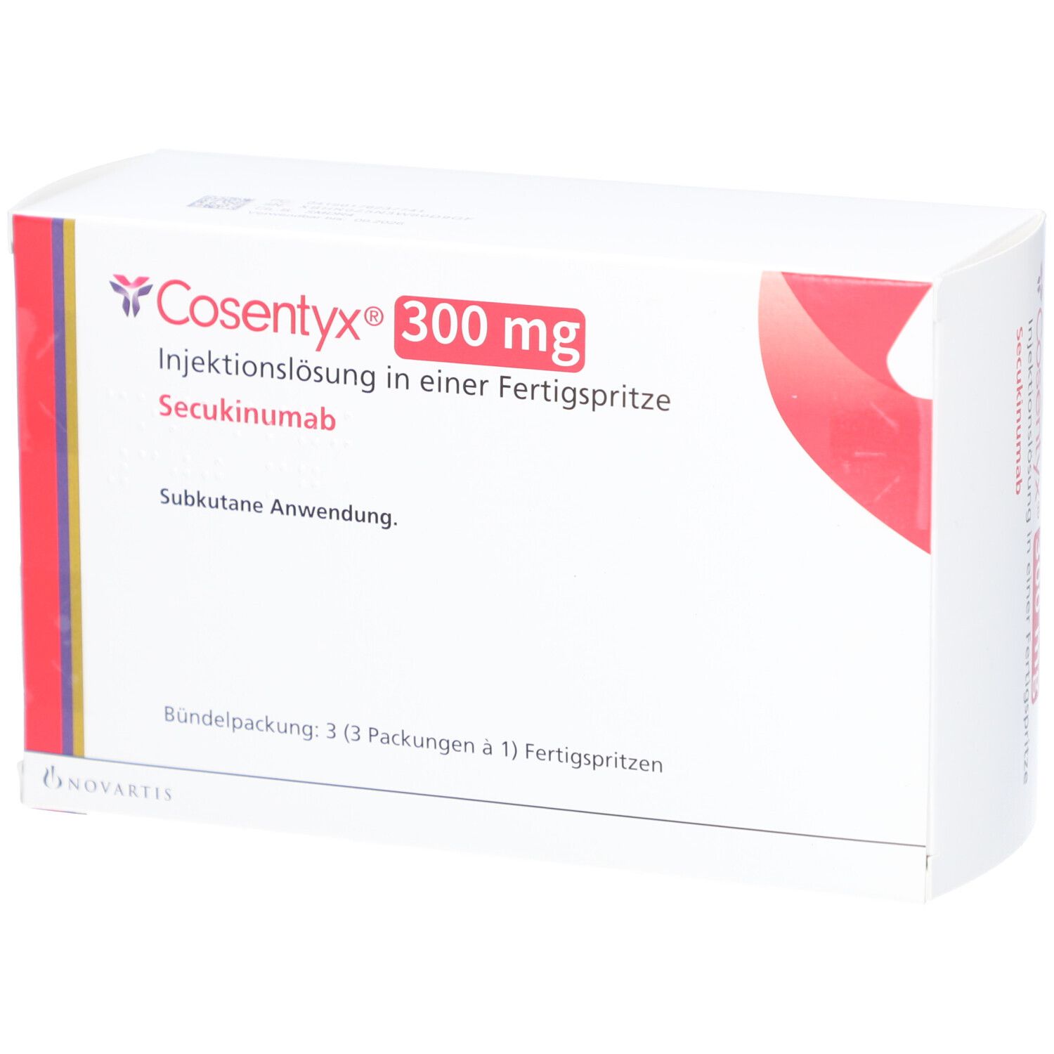 Verpackung von COSENTYX 300 mg Injektionslösung. Aufschrift: Injektionslösung in einer Fertigspritze, Secukinumab.