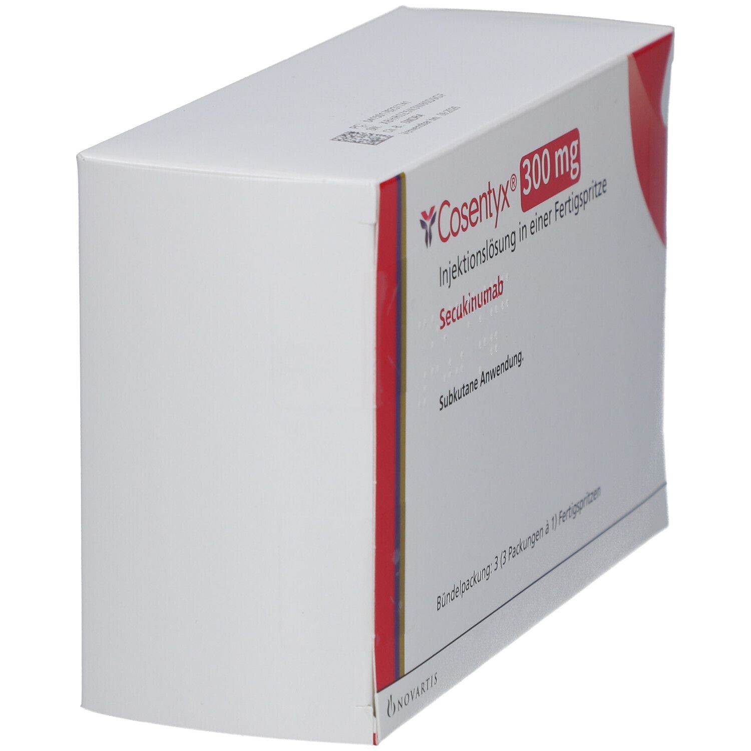 COSENTYX 300 mg Verpackung, Seitenansicht. Aufschrift: Injektionslösung in einer Fertigspritze, Secukinumab.