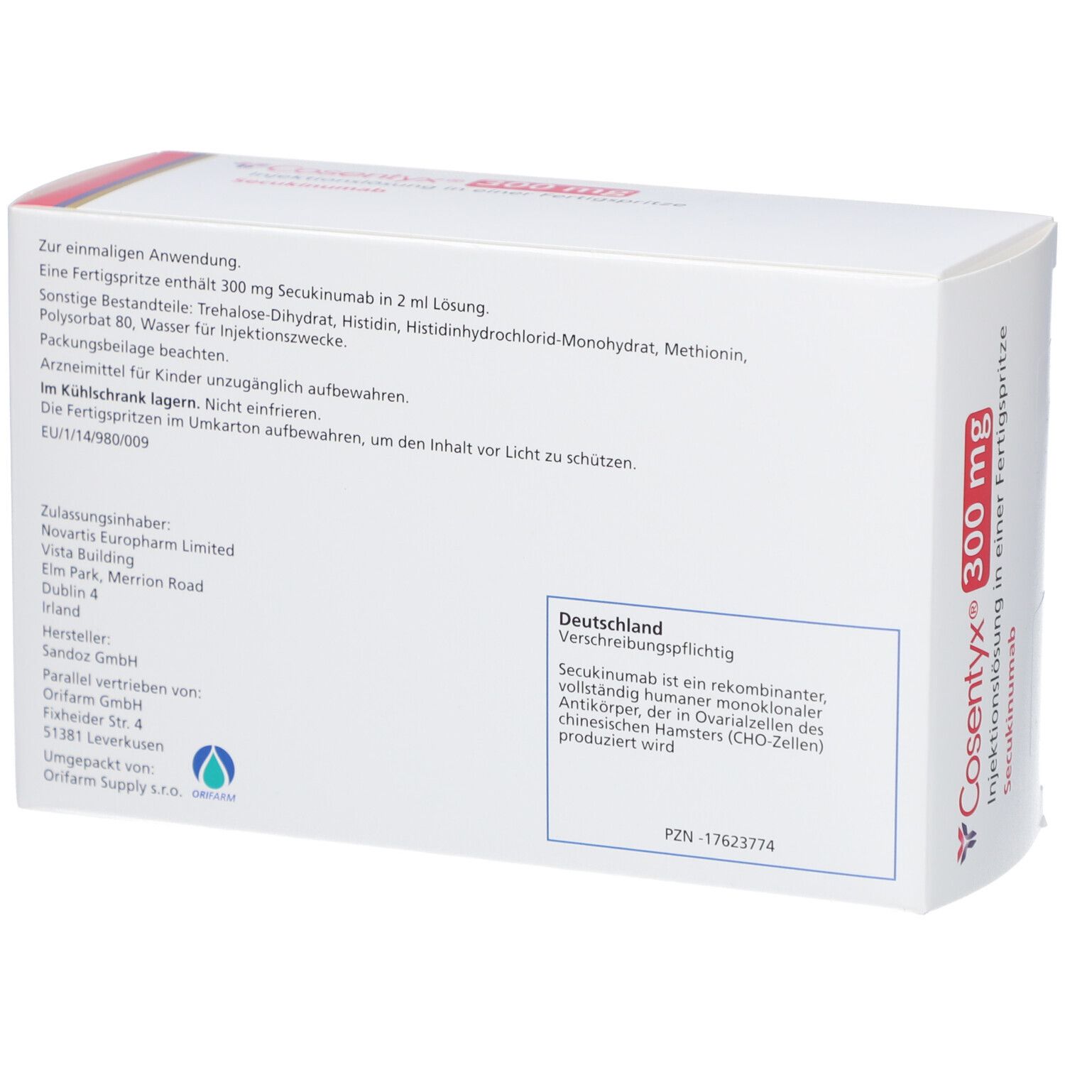 Rückseite der COSENTYX 300 mg Verpackung. Text: Zusammensetzung, Hersteller, Chargennummer, Verwendungszweck.