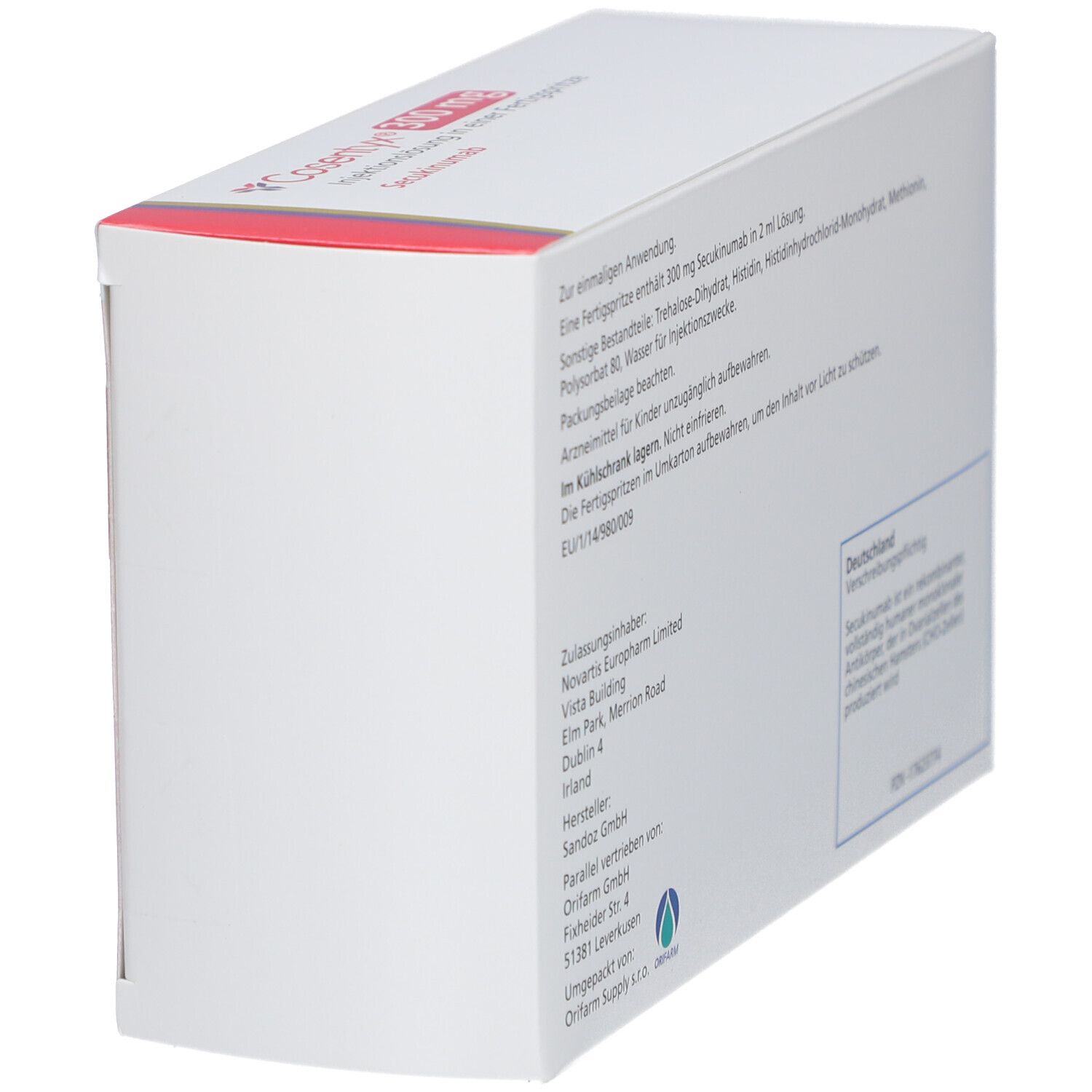 Seitenansicht der COSENTYX 300 mg Verpackung. Text: Zusammensetzung, Hersteller, Chargennummer, Verwendungszweck.