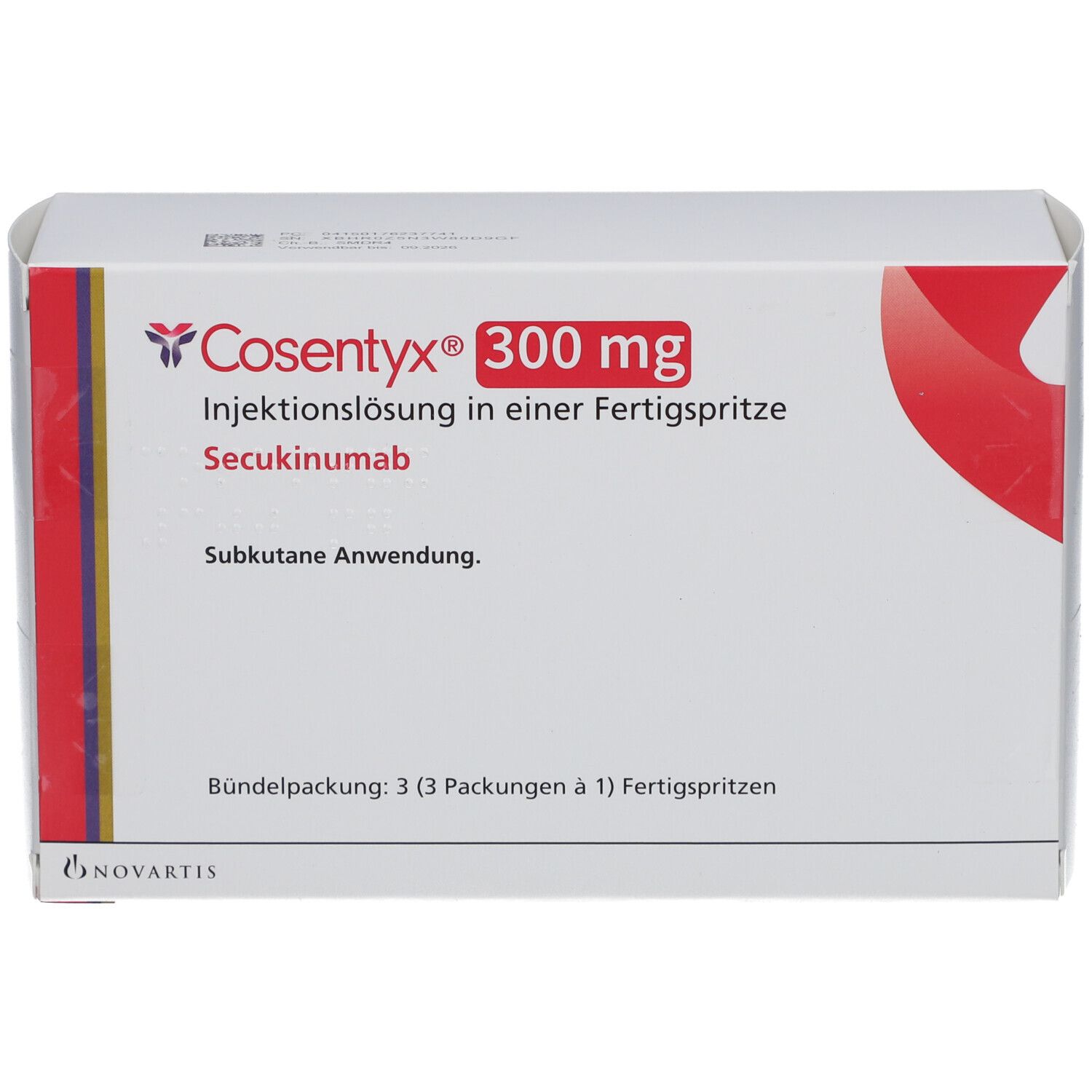 COSENTYX 300 mg Verpackung. Aufschrift: Injektionslösung in einer Fertigspritze, Secukinumab. 3 Fertigspritzen.