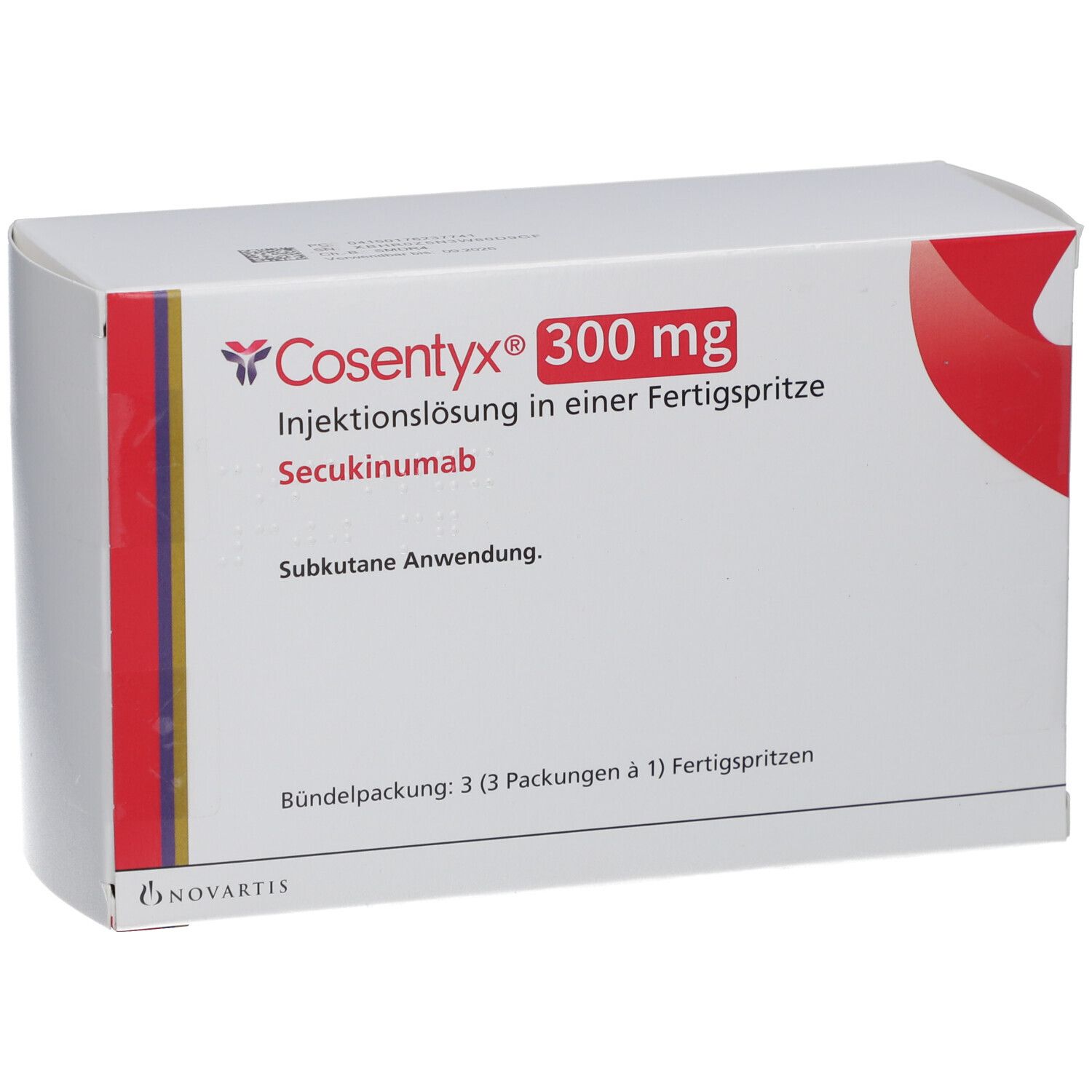 COSENTYX 300 mg Verpackung. Aufschrift: Injektionslösung in einer Fertigspritze, Secukinumab. 3 Fertigspritzen.