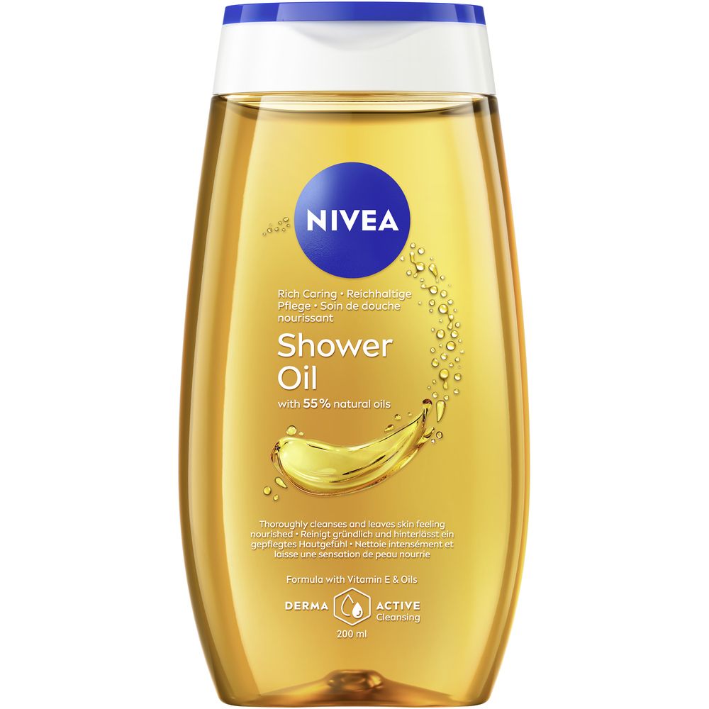NIVEA Pflegedusche Öl mit 55% natürlichen Ölen und Vitamin E. Gelbe Flüssigkeit in durchsichtiger Flasche.