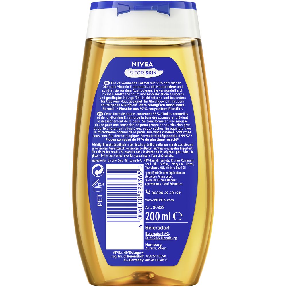 Rückseite der NIVEA Pflegedusche Öl Flasche mit Produktinformationen und Barcode. 200 ml.