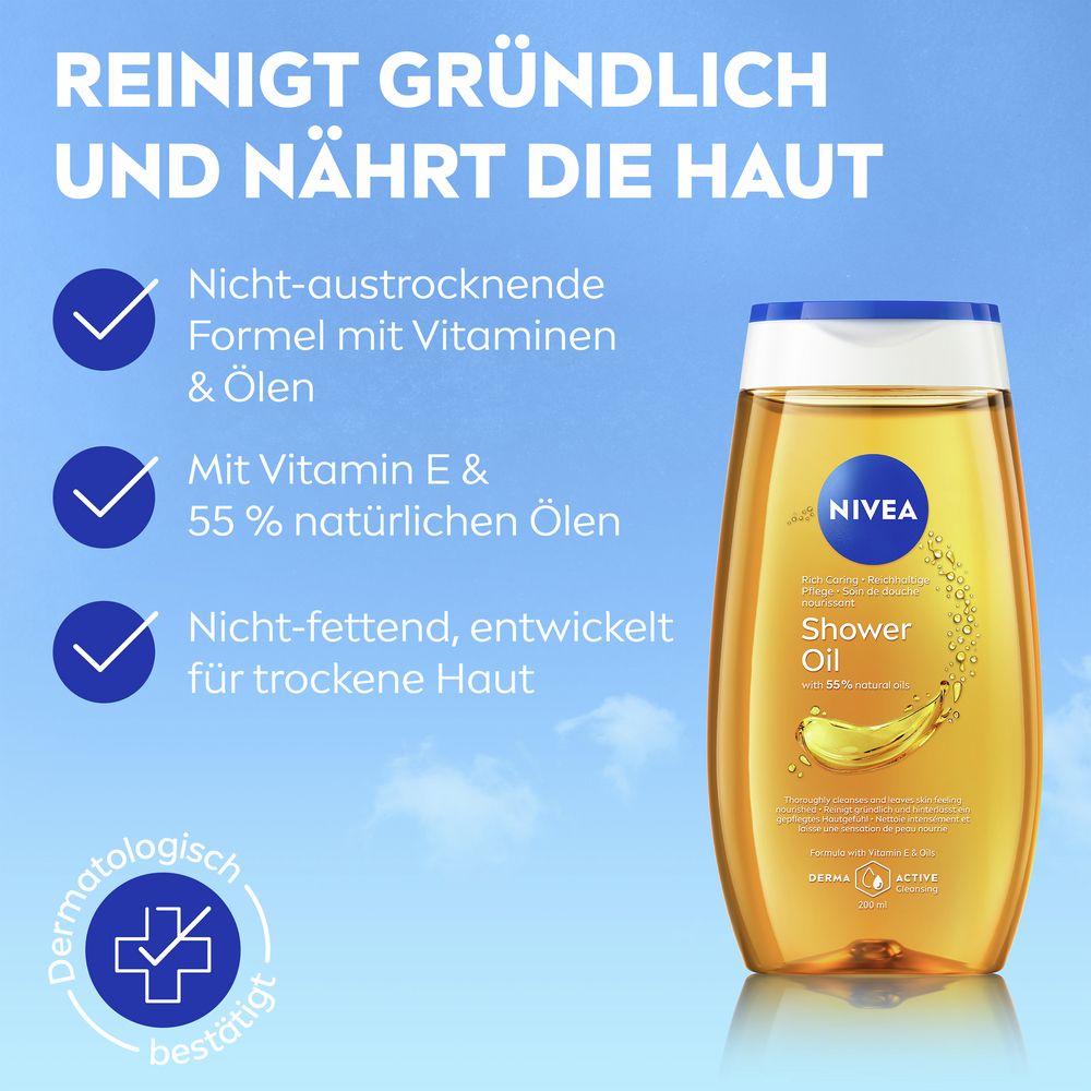 NIVEA Pflegedusche Öl: Reinigt gründlich, nährt die Haut. Nicht-austrocknende Formel mit Vitaminen & Ölen.