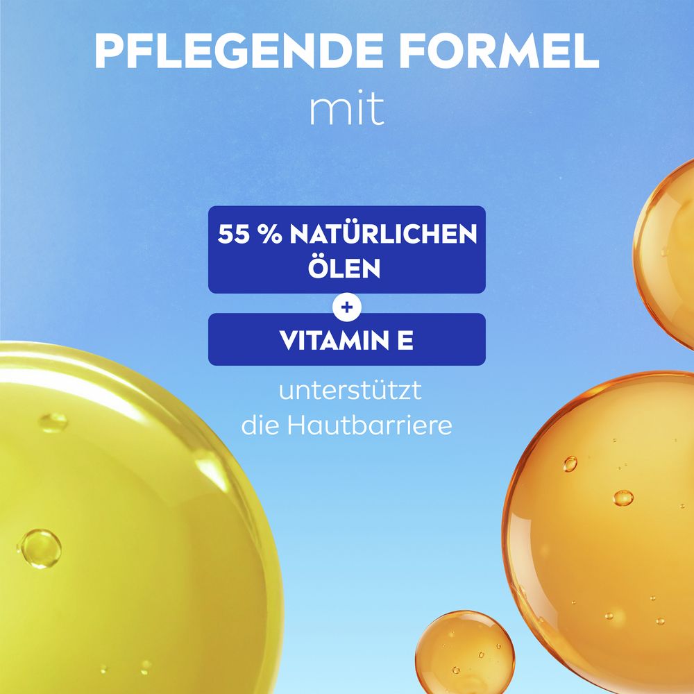 Pflegende Formel der NIVEA Dusche Öl: 55% natürliche Öle + Vitamin E. Unterstützt die Hautbarriere.