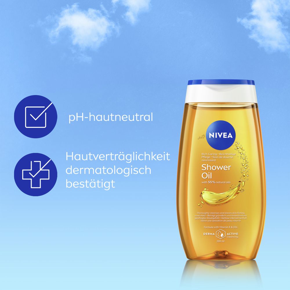 NIVEA Pflegedusche Öl: pH-hautneutral und dermatologisch bestätigt. Gelbe Flüssigkeit in durchsichtiger Flasche.