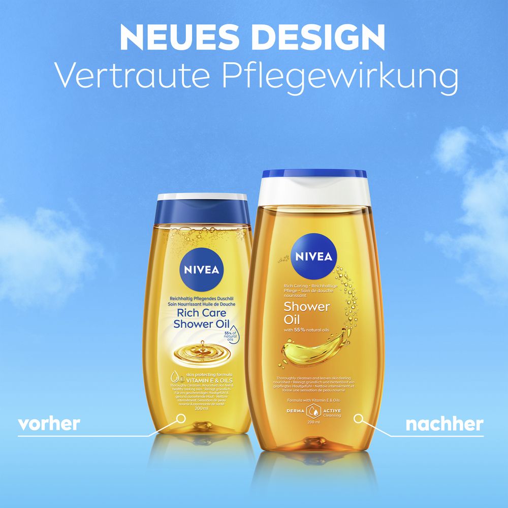 Neues Design der NIVEA Pflegedusche Öl Flasche im Vergleich zur alten Verpackung. 200 ml.