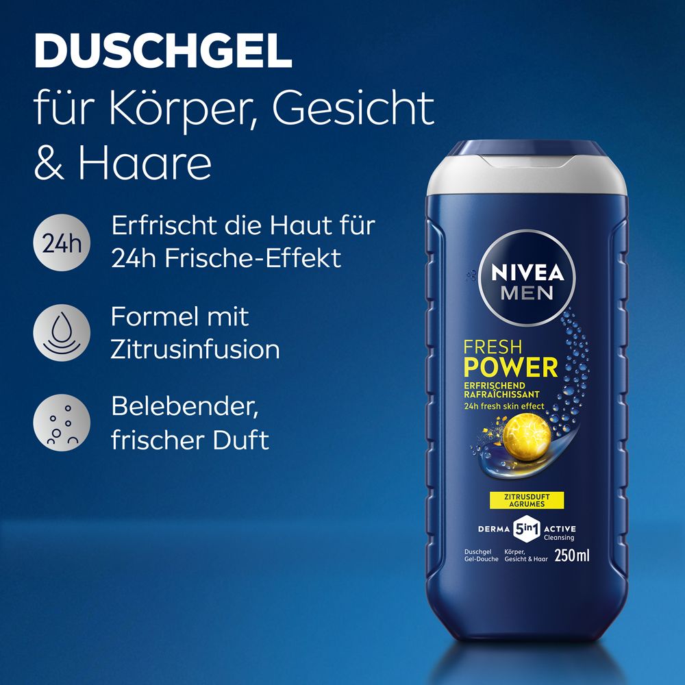 Nivea Men Duschgel Power Fresh: für Körper, Gesicht & Haar, 24h Frische-Effekt, Zitrusinfusion.