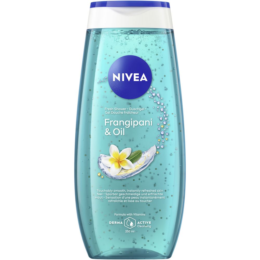 NIVEA Frangipani & Oil Pflegedusche in durchsichtiger Flasche mit blauem Verschluss. Enthält Frangipani-Blüten-Motiv.