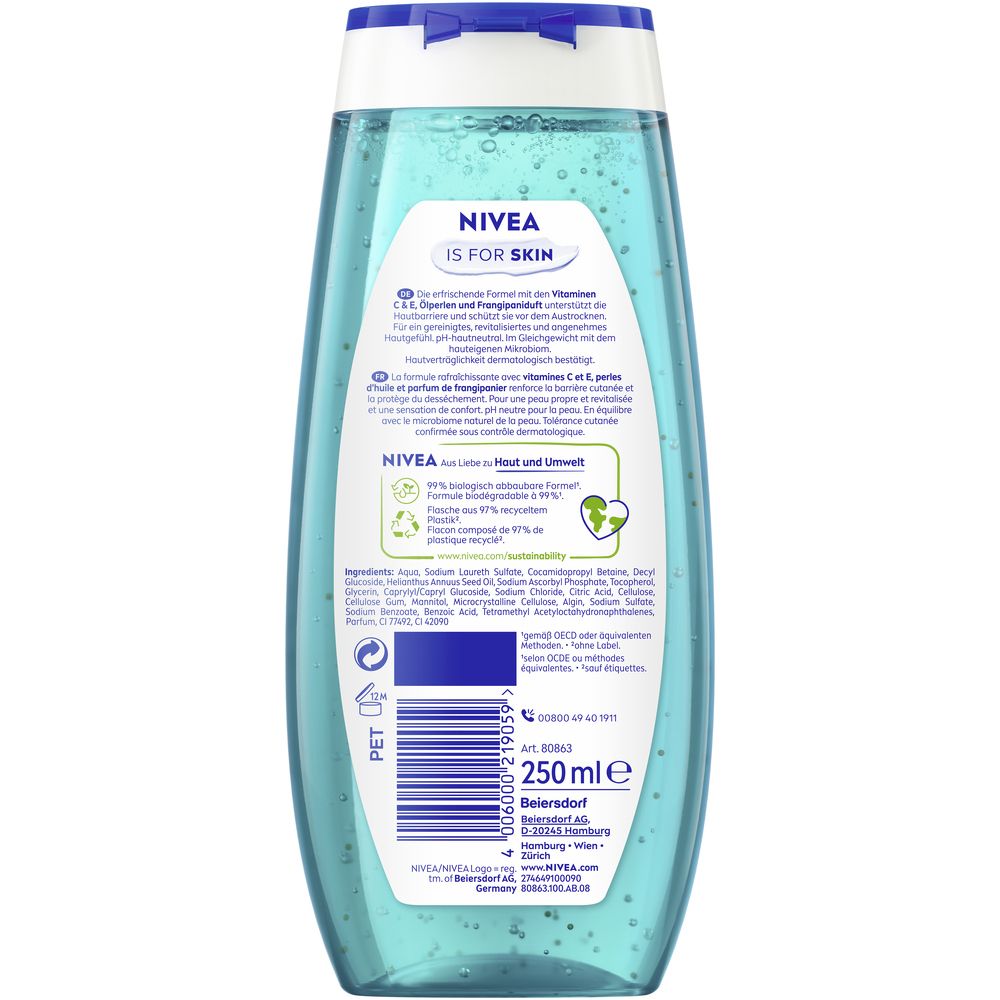 Rückseite der NIVEA Frangipani & Oil Pflegedusche Flasche mit Inhaltsstoffen und Nachhaltigkeitsinformationen.