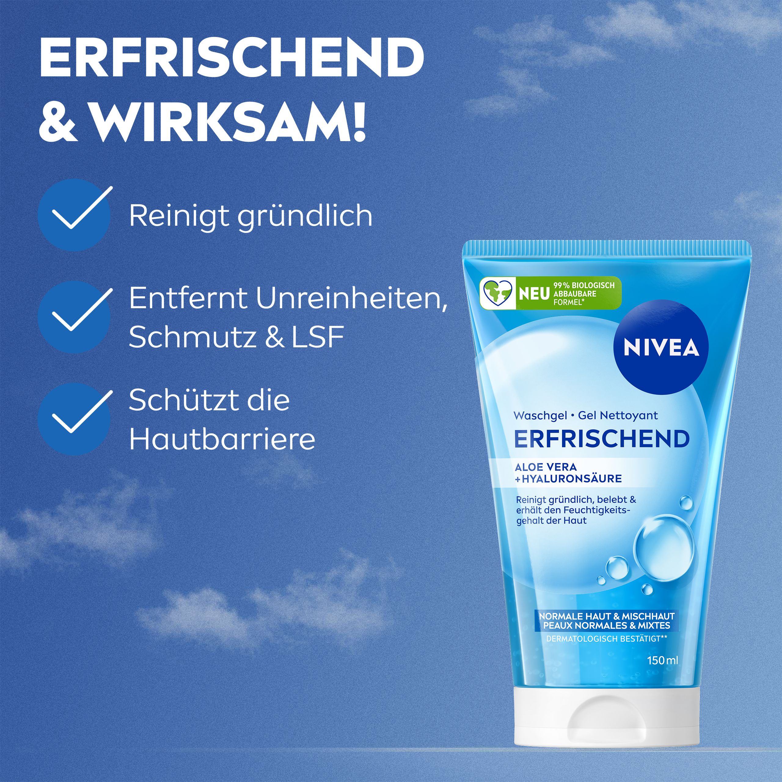 NIVEA Erfrischendes Waschgel reinigt gründlich, entfernt Unreinheiten und schützt die Haut.