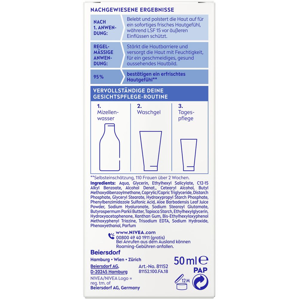 Rückseite der NIVEA Erfrischende Tagespflege Faltschachtel mit Anwendungshinweisen und Inhaltsstoffen.