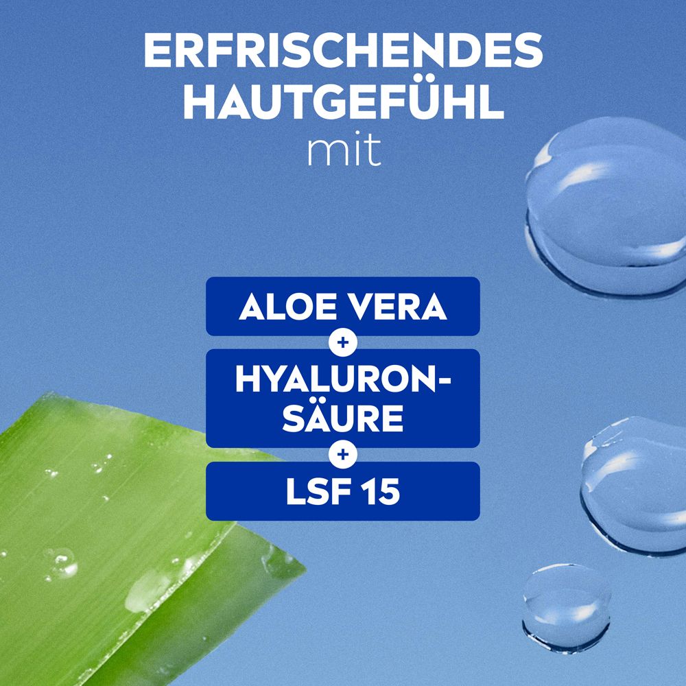 NIVEA Erfrischende Tagespflege: Aloe Vera, Hyaluronsäure und LSF 15 für erfrischtes Hautgefühl.