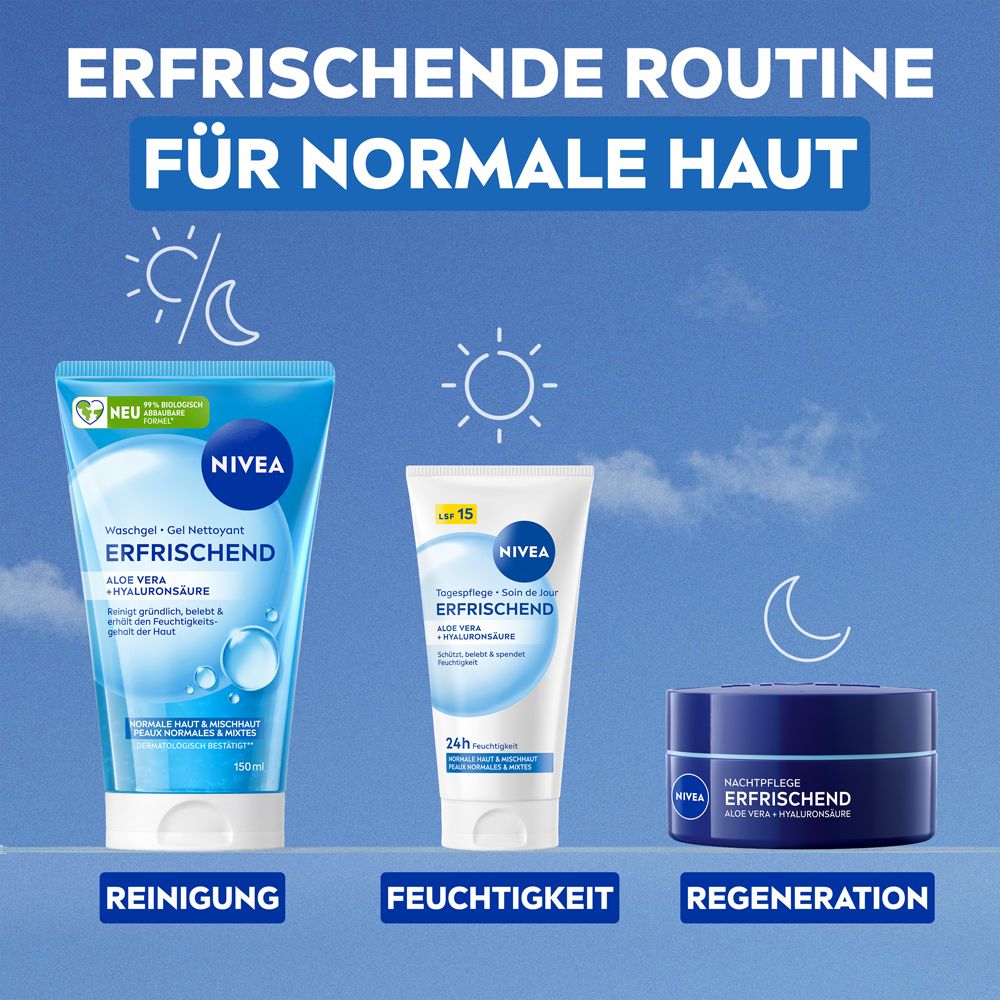 NIVEA Erfrischende Routine für normale Haut: Reinigungsgel, Tagespflege, Nachtpflege.