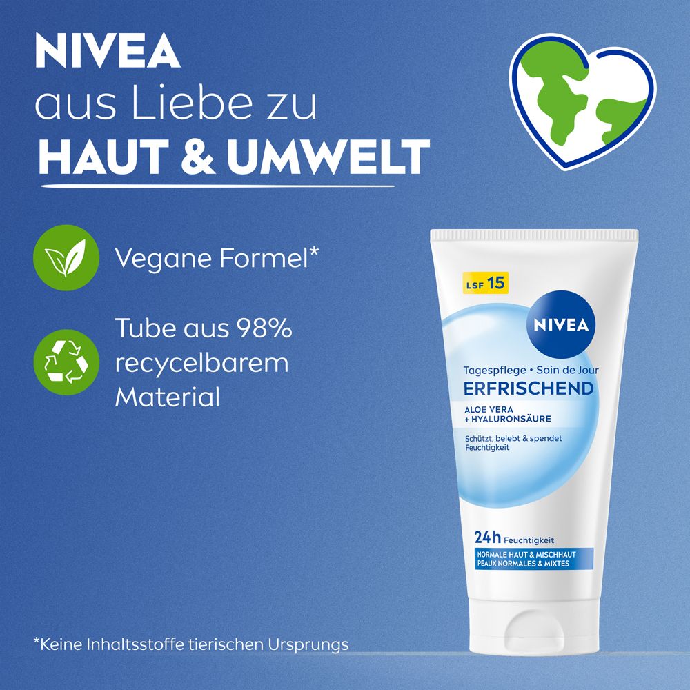 NIVEA: Vegane Formel, Tube aus 98% recyceltem Material. Für Haut & Umwelt.