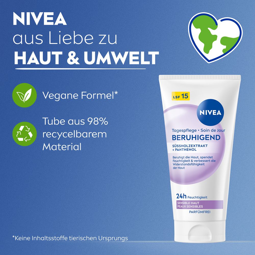 NIVEA Beruhigende Tagespflege LSF 15 Tube. Vegane Formel, Tube aus 98% recyceltem Material.