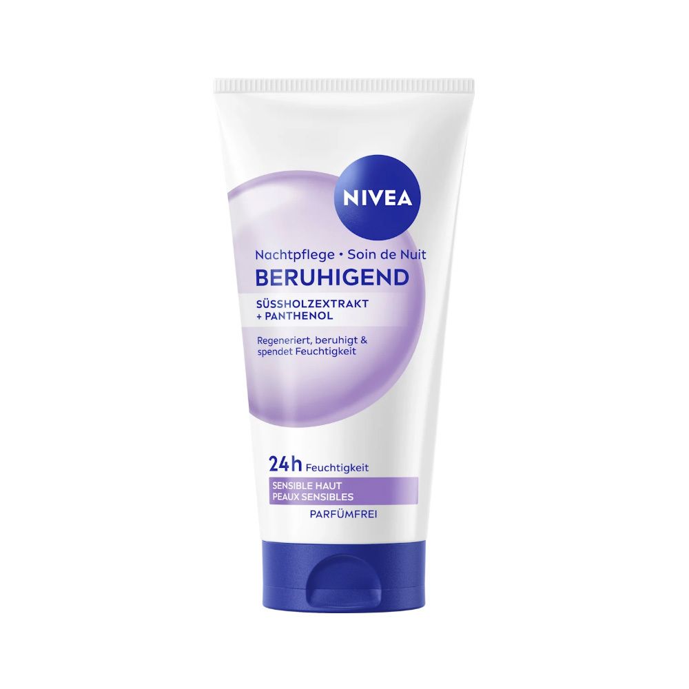 NIVEA Beruhigende Nachtpflege Tube mit blauem Deckel. Enthält Süßholzwurzelextrakt und Panthenol.