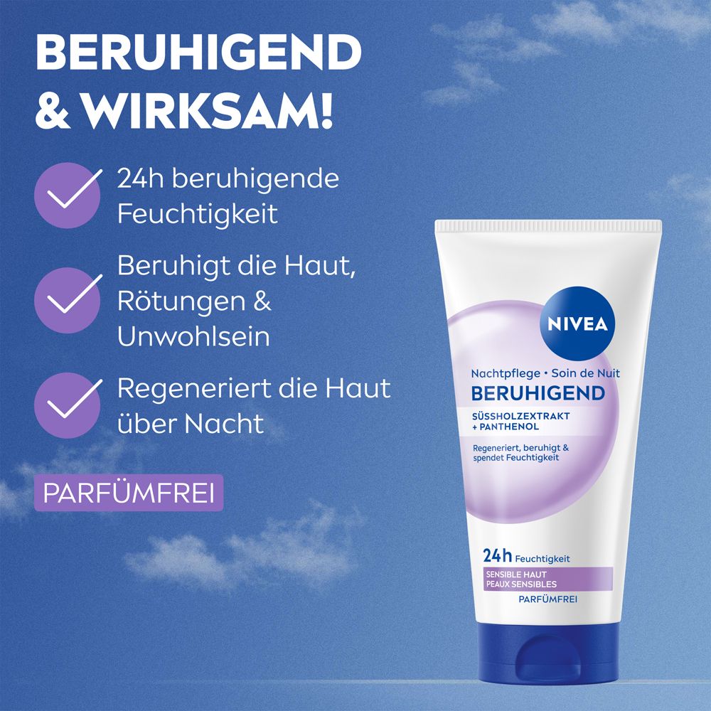 Nivea Beruhigende Nachtpflege Tube mit 24h Feuchtigkeit, beruhigt Rötungen und regeneriert über Nacht.