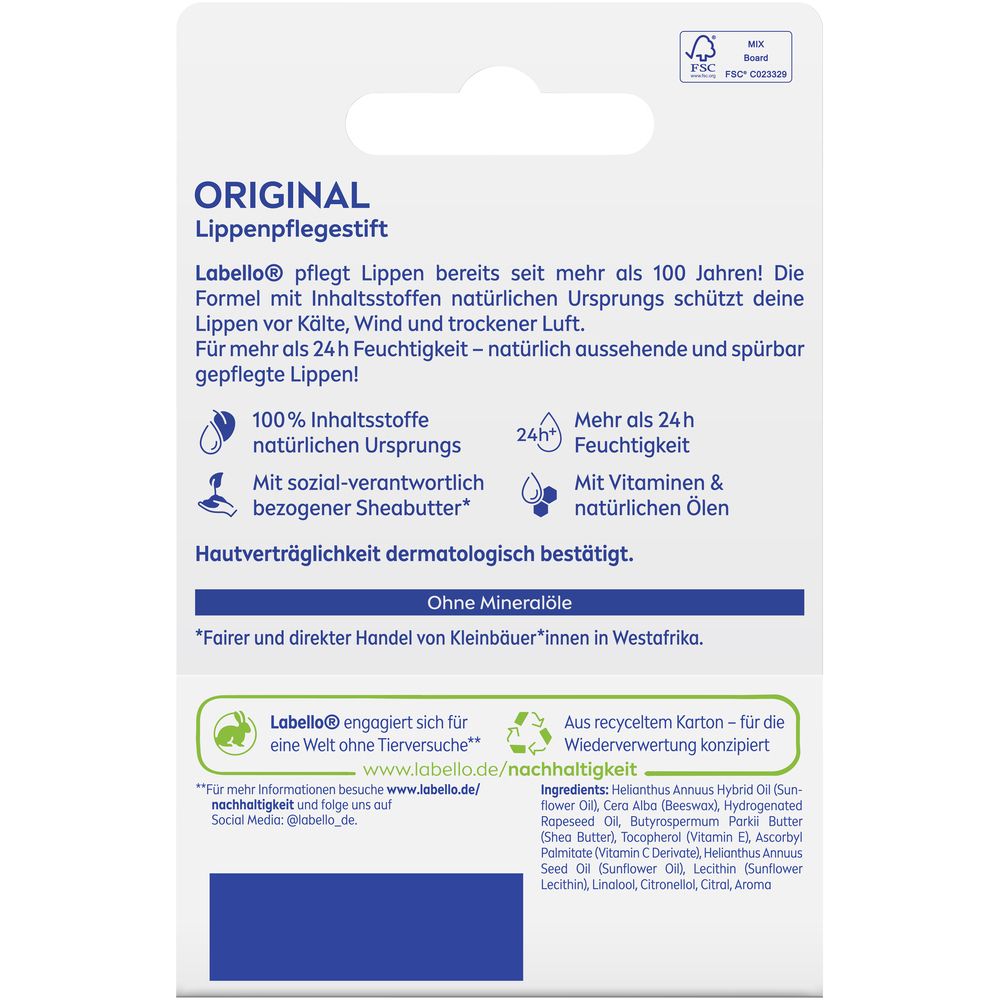 Rückseite der Labello Original Lippenbalsam-Verpackung mit Produktinformationen und Inhaltsstoffen.