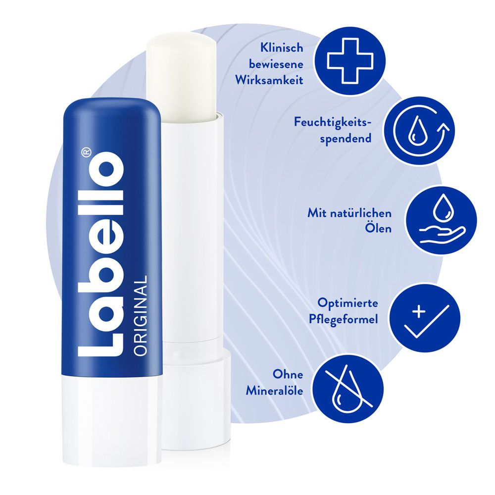 Labello Original Lippenbalsam mit aufgestecktem Stift und Icons für klinisch erwiesene Wirksamkeit.