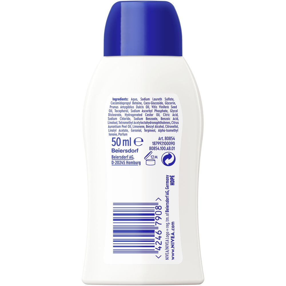 Rückseite einer NIVEA Creme Soft Duschgelflasche mit Inhaltsstoffen und Barcode.