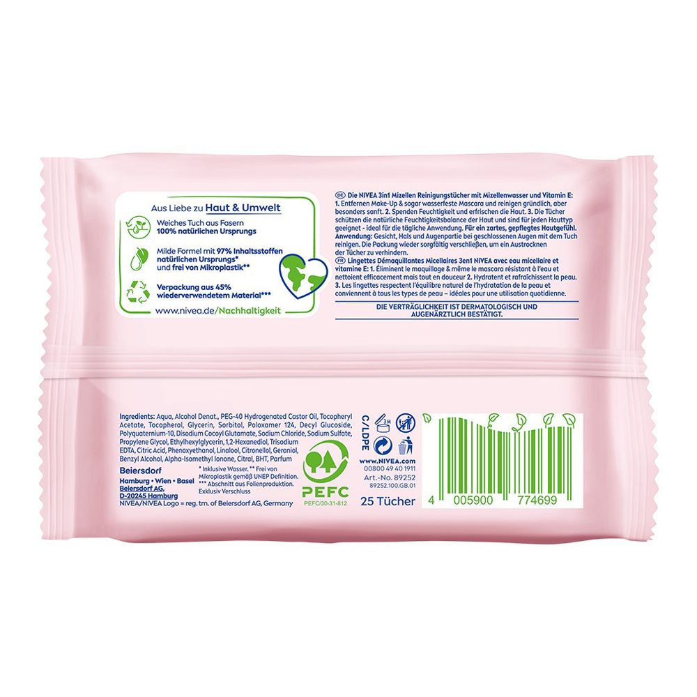 Rückseite NIVEA Mizellen Reinigungstücher 3-in-1. Enthält Inhaltsstoffe und Anwendungshinweise.